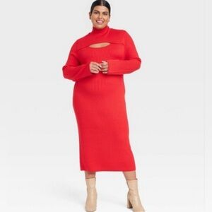 Ava & Viv Red Ribbed Knit sweater dress with keyhole cutout neckline
